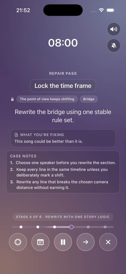 A Song Doctor repair pass in session: a focused rewrite prompt, case notes, and a running timer
