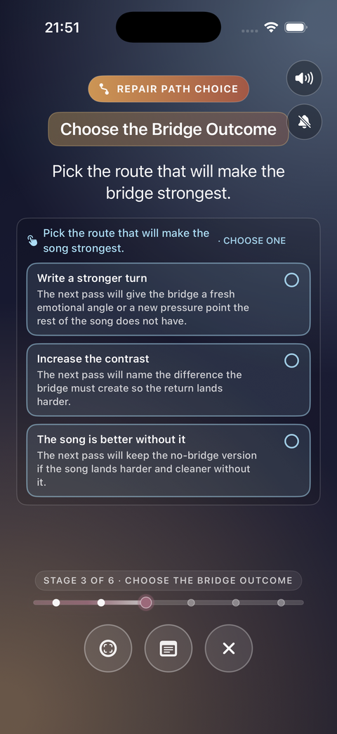 Song Doctor symptom picker asking What Is the Problem with options like the hook is not sticking and the bridge has no real job