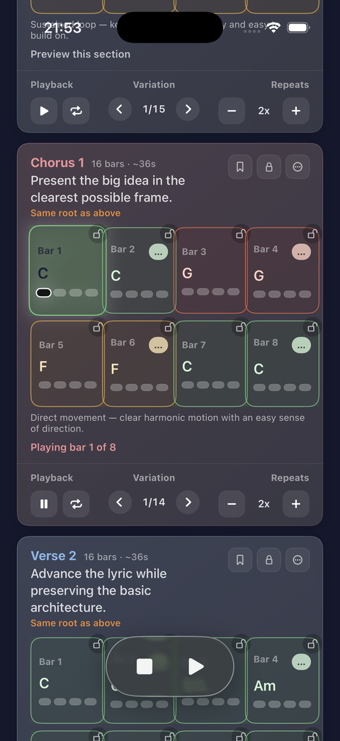 Treasure Map chorus section with an eight-bar chord grid, playback, variations, and repeats