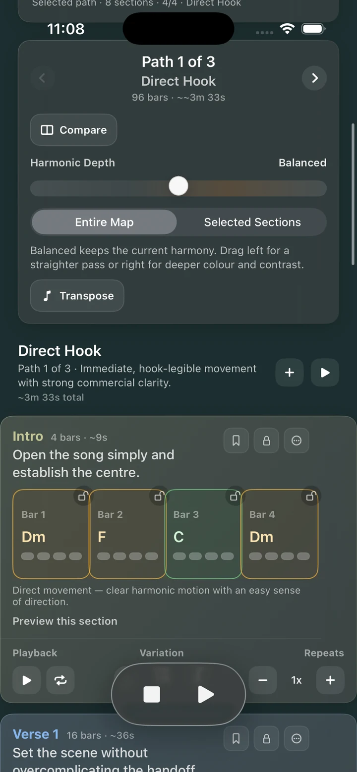 A working song map with playable chord sections and harmony controls